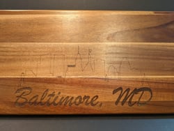 Grazing Board featuring the Baltimore skyline with 'Baltimore, MD' engraved below