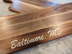 Alternate view of the Grazing Board featuring the Baltimore skyline with 'Baltimore, MD' as a wood inlay below (again)