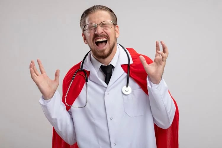a happy medical doctor wearing a red cape