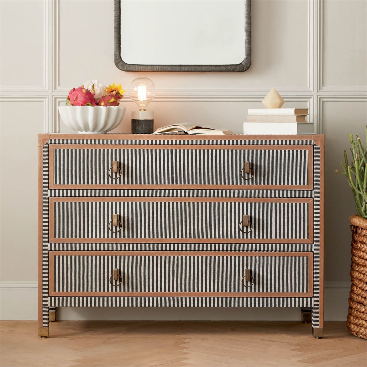 blue and white striped dresser Chesapeake 3113-194537 Grey Awning Stripe Wallpaper