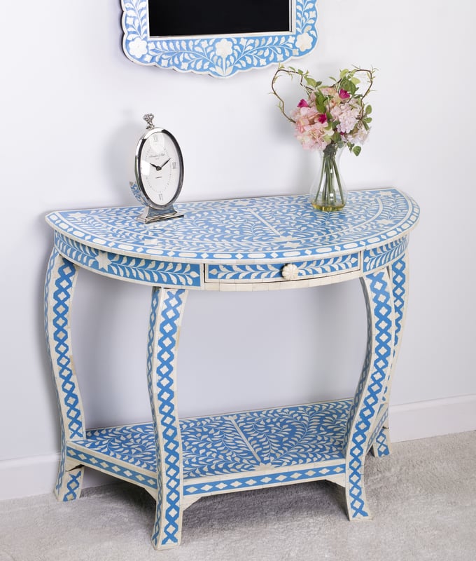 Isabel Blue Bone Inlay Demilune Console Table - Thumbnail 3