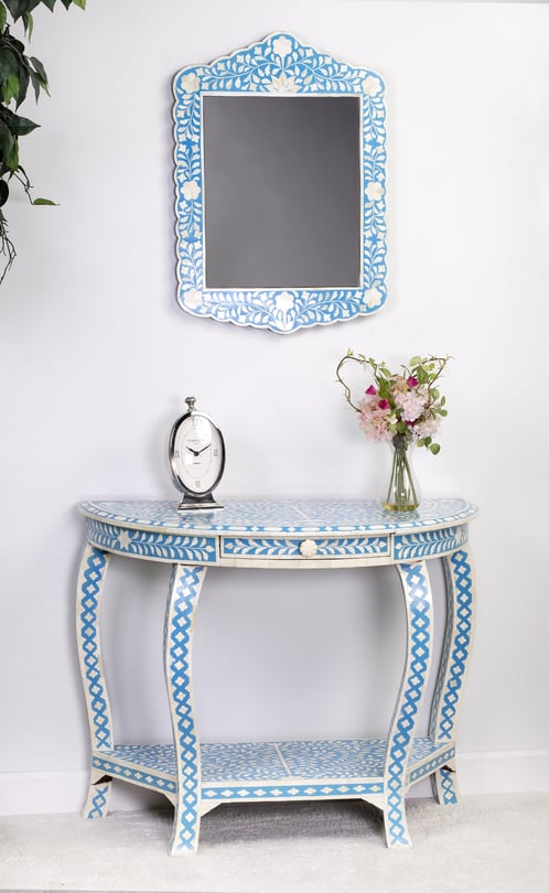 Isabel Blue Bone Inlay Demilune Console Table - Thumbnail 4