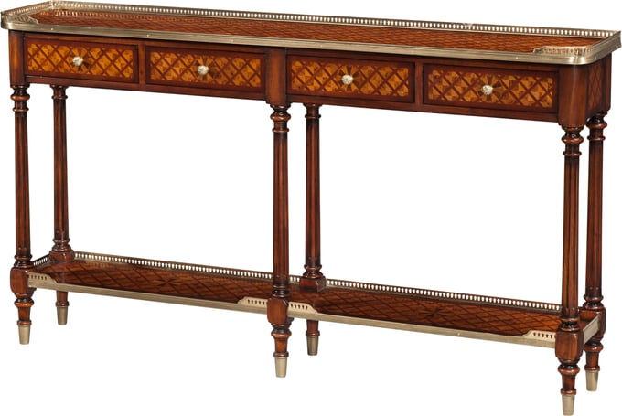 Burl Lattice Parquetry, Brass Mounted Console Table
