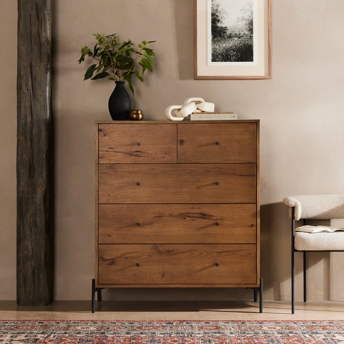 brown 5 drawer dresser LuxenHome Summer Oak Engineered Wood 48.5-Inch Tall 5-Drawer Bachelor Chest