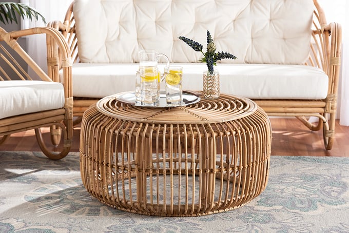 Aliane Modern Bohemian Natural Brown Antique Rattan Coffee Table