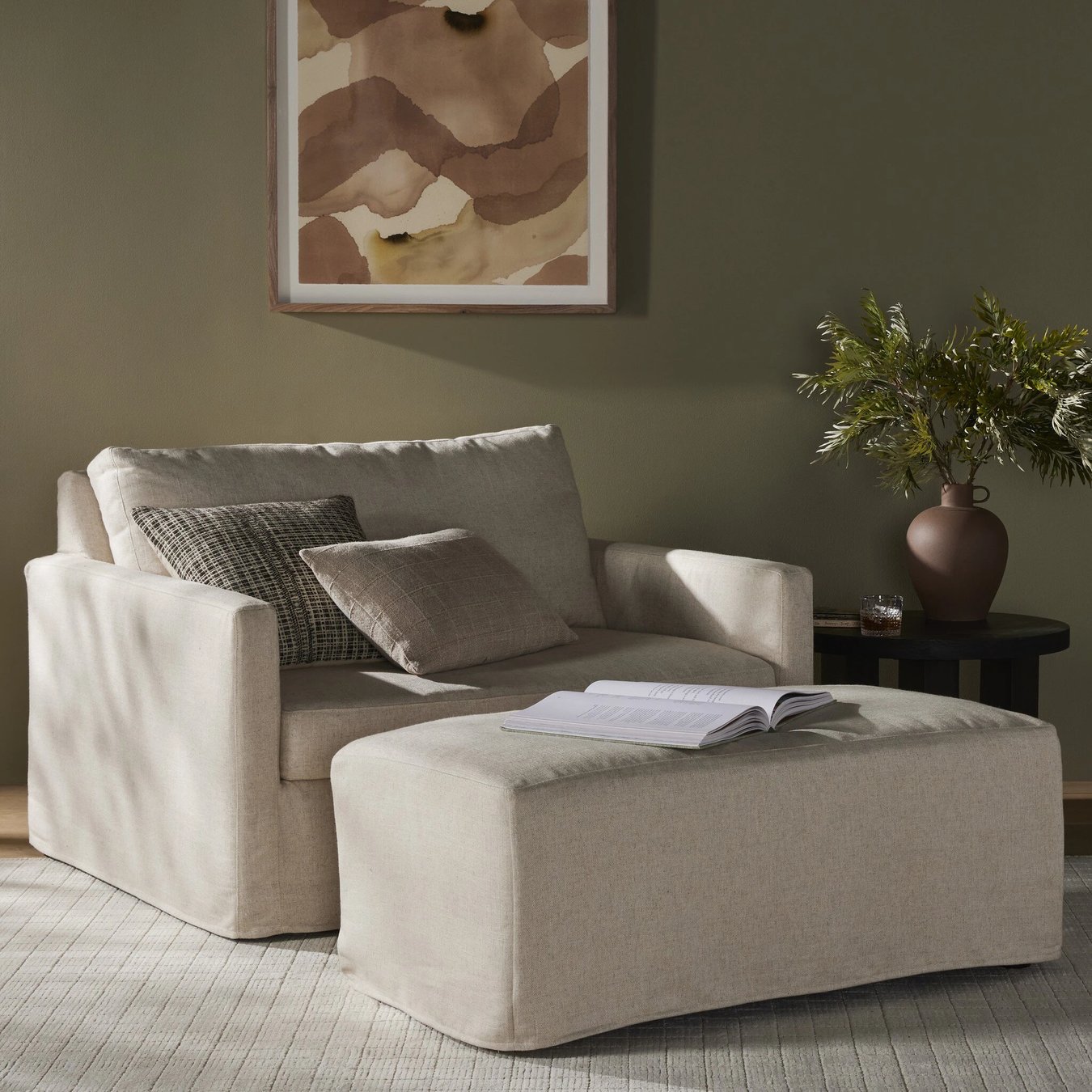 Slipcovered chair and a half with ottoman hotsell
