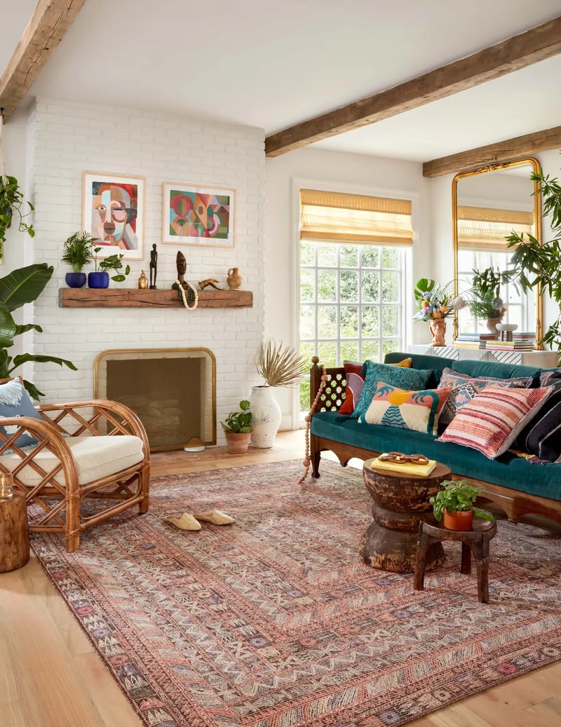 Eclectic living room with large bohemian rug, rattan arm chair, and blue velvet sofa.