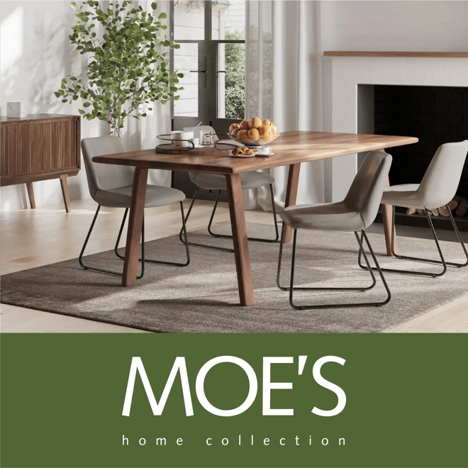 Moes Home Collection image of a dining room with dark wood dining table and grey upholstered dining chairs.