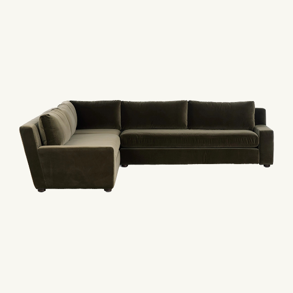 Olive green velvet sectional sofa with left-facing chaise