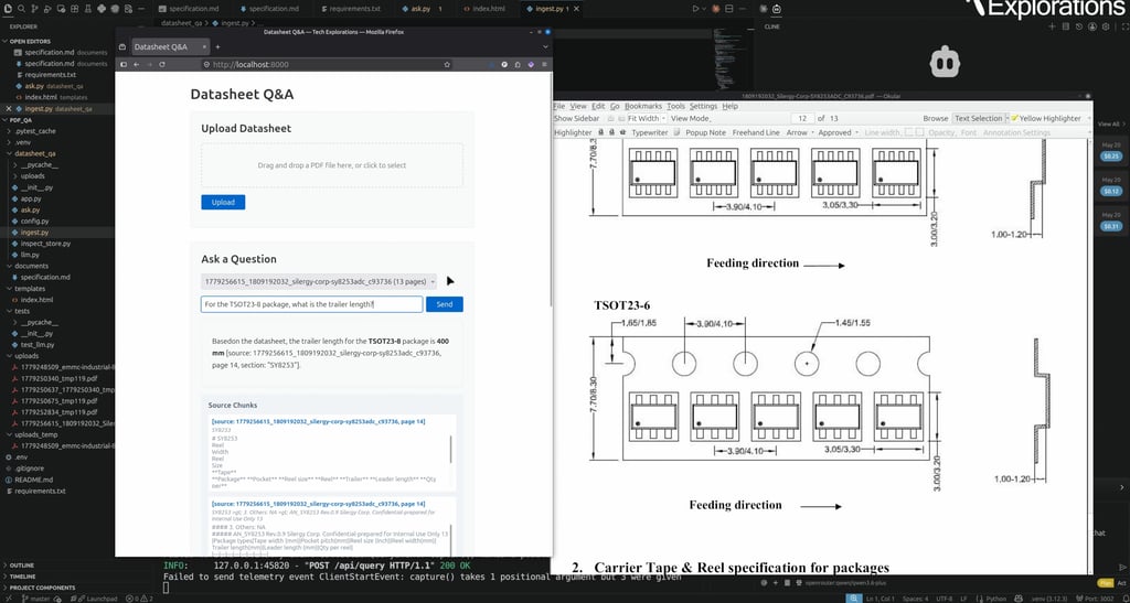Datasheet Q&A in action — asking a natural-language question, getting a cited answer from a PDF datasheet