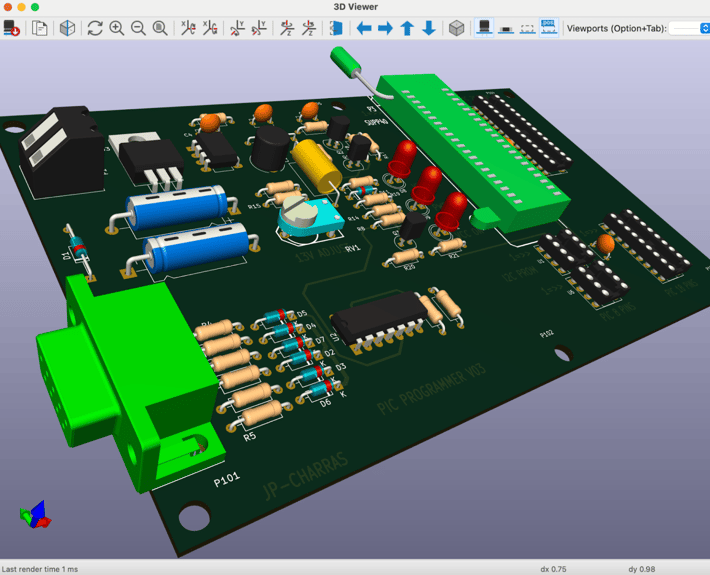 Figure 1.5.9: The 3D viewer will give you a realistic rendering of your board that you can examine in 3D.