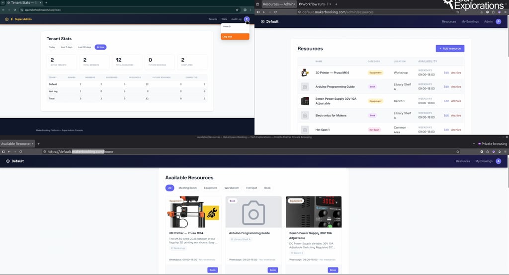 Makerspace Booking System — the capstone running locally, showing the booking calendar and conflict detection