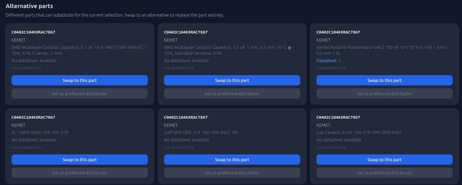 One-click part substitution with full audit history