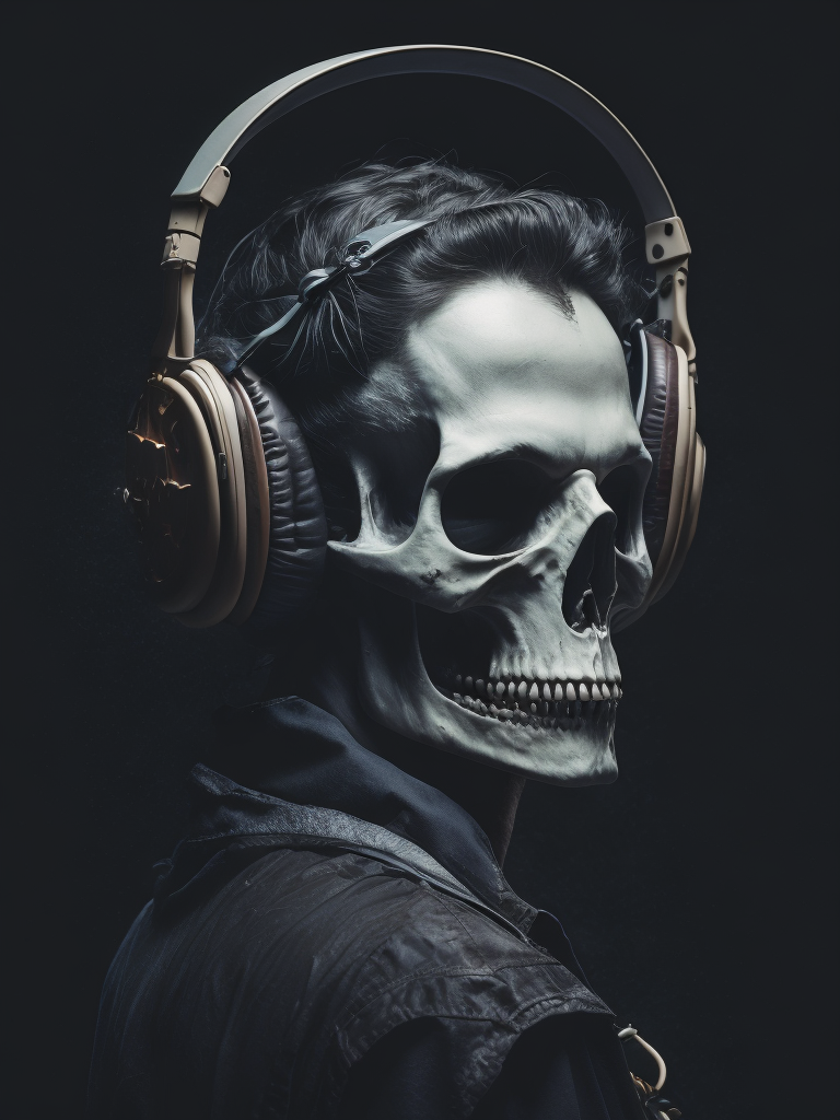 A print that combines elements of rock and horror, such as a skull wearing headphones and holding a guitar, against a dark and textured background