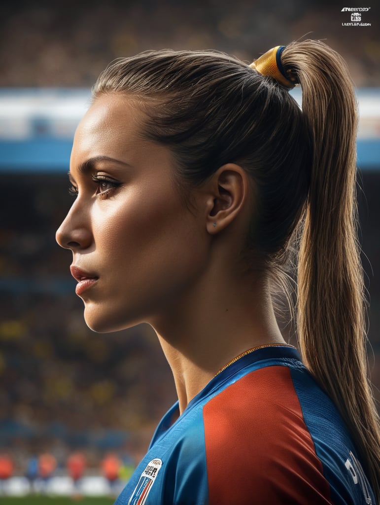 A close-up of a female soccer player, seen in profile, kissing the FIFA Women's World Cup World Cup with a ponytail