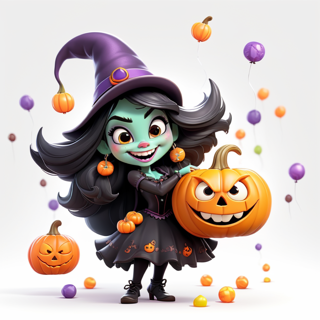 cute clipart halloween blackghoulish witch pumpkim, pumpkin full of sweetscandy, offering with scary macabre smile oun mischief hahahah, Horror senario, with wizard hat with white background for sticker