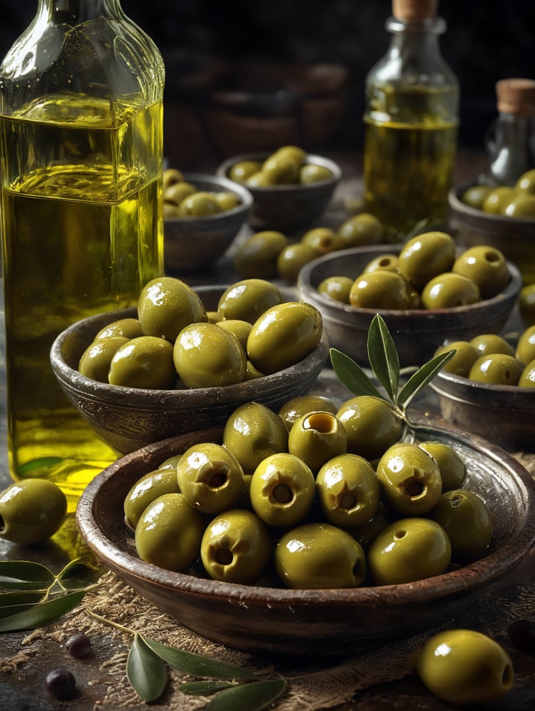olive oil scene. green olives drizzled with oil and transparent bottles filled with olive oil