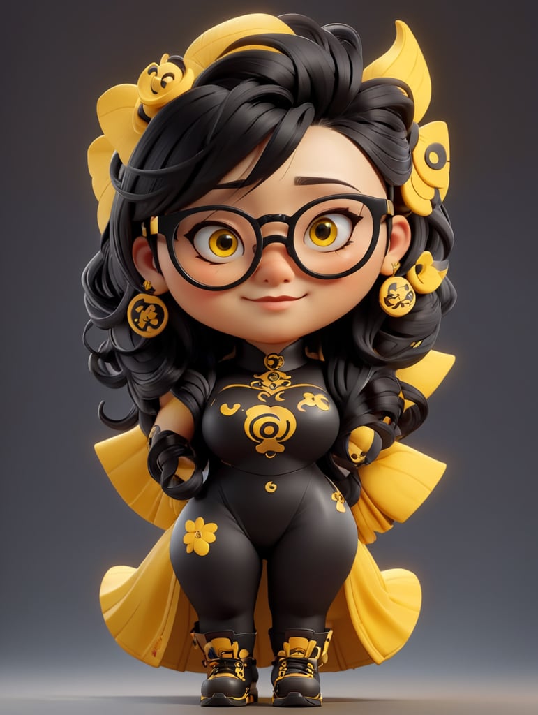 Chinese graphic designer, full body, creative, piercing, glasses, black and yellow colors