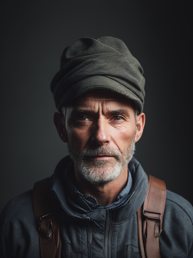 Portrait of round-faced, bald, healthy 59-year old masculine hiker