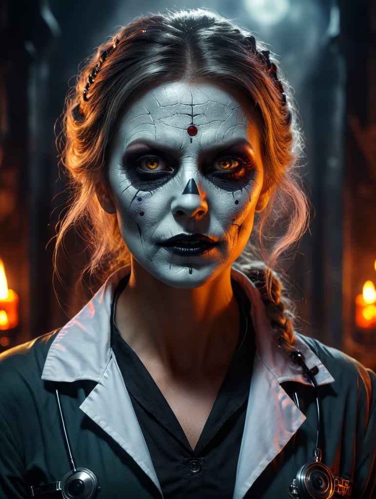 Portrait of Female Doctor in Halloween, scary dark makeup on her face, gloomy dark atmosphere, high detail photo, a professional photo, against the backdrop of an old creepy Halloween scene, contrasting light, bright colors, deep dark atmosphere