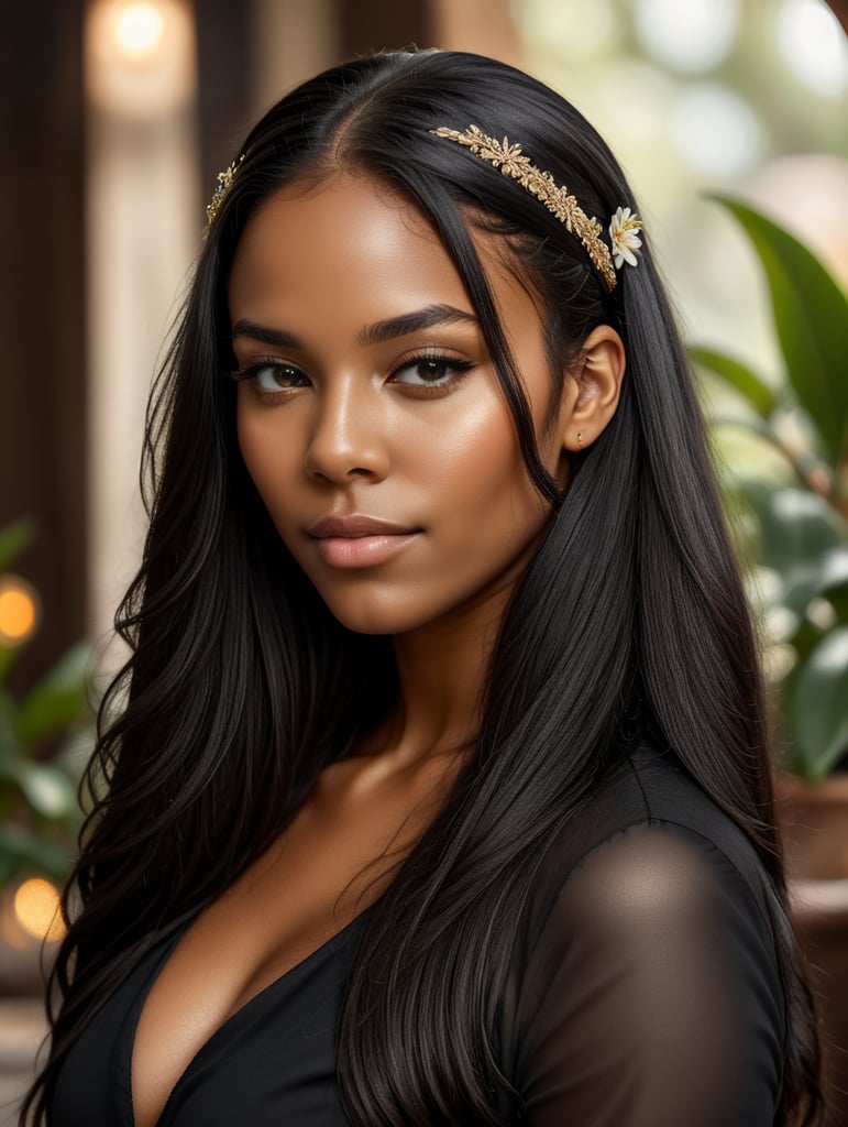Premium Free ai Images | hyper realistic and highly detailed picture of  beautiful black girl with long straight black hair wearing black hairband  in mexican environment she wears black pants