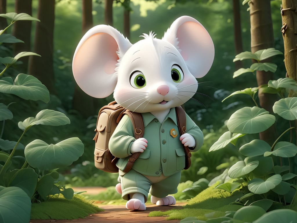 Cute white mouse with a backpack walking in green forest thick leaves lush trees nature scenery landscape.