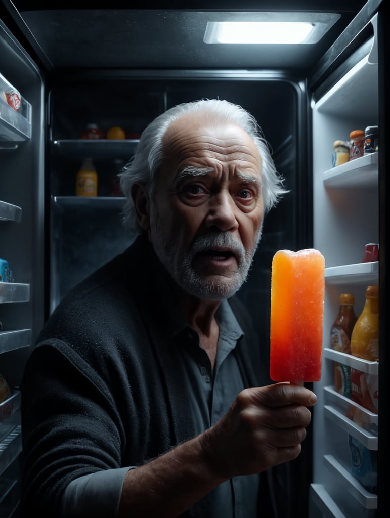 Mini old man frozen inside a popsicle inside a refrigerator UHD