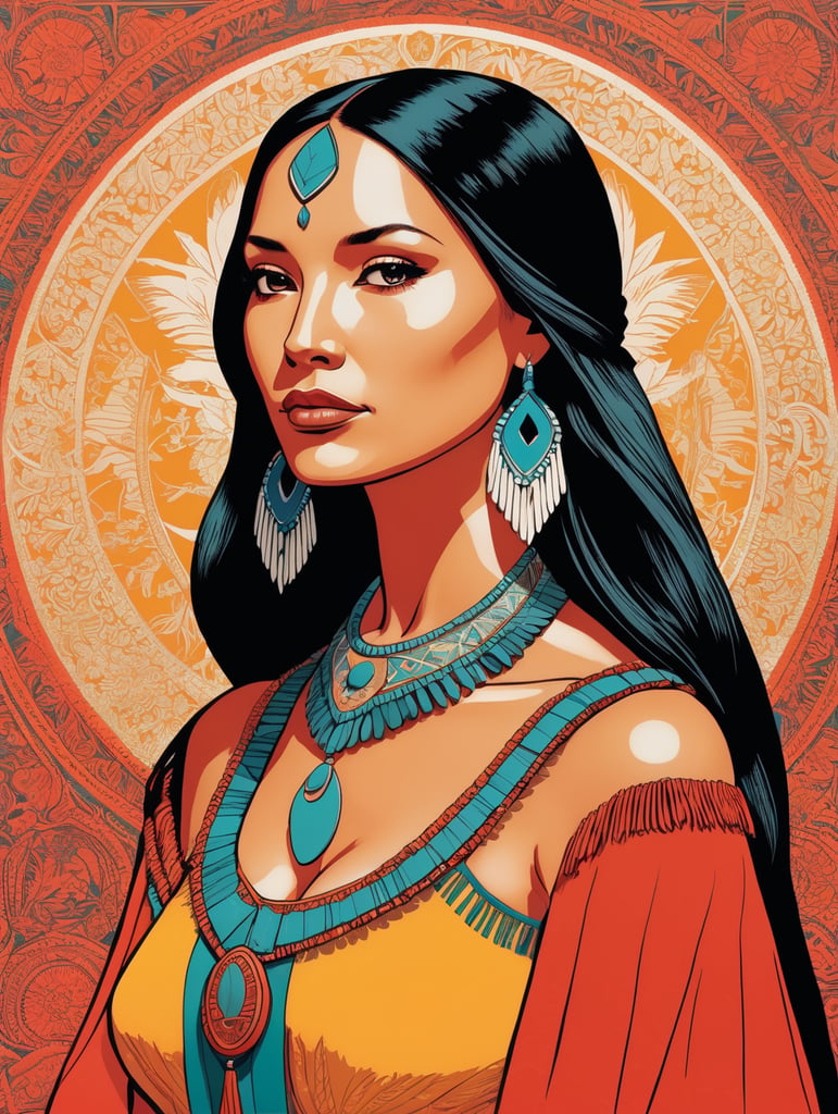 Pocahontas, Illustration, Screen Print, Portrait, USA, style of Chuck Sperry