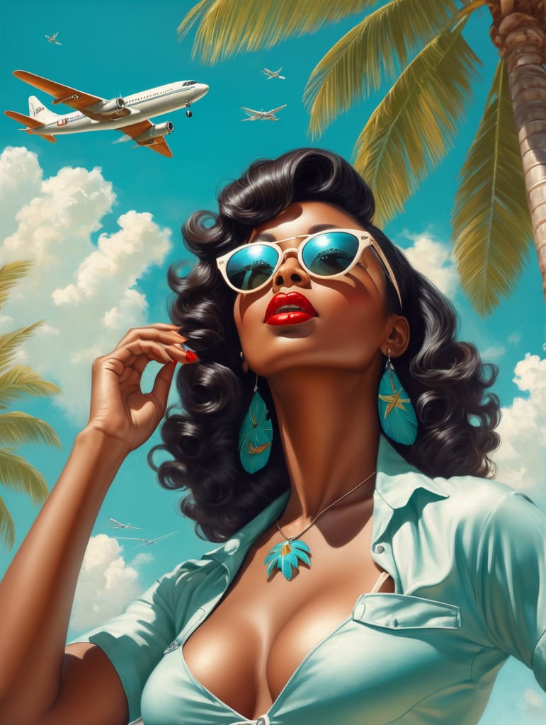 Premium Free ai Images | pin up art portrait black woman raised her head up  looks at the sky sunglasses one airplane flies in clear sky and leaves mark  summer palms around