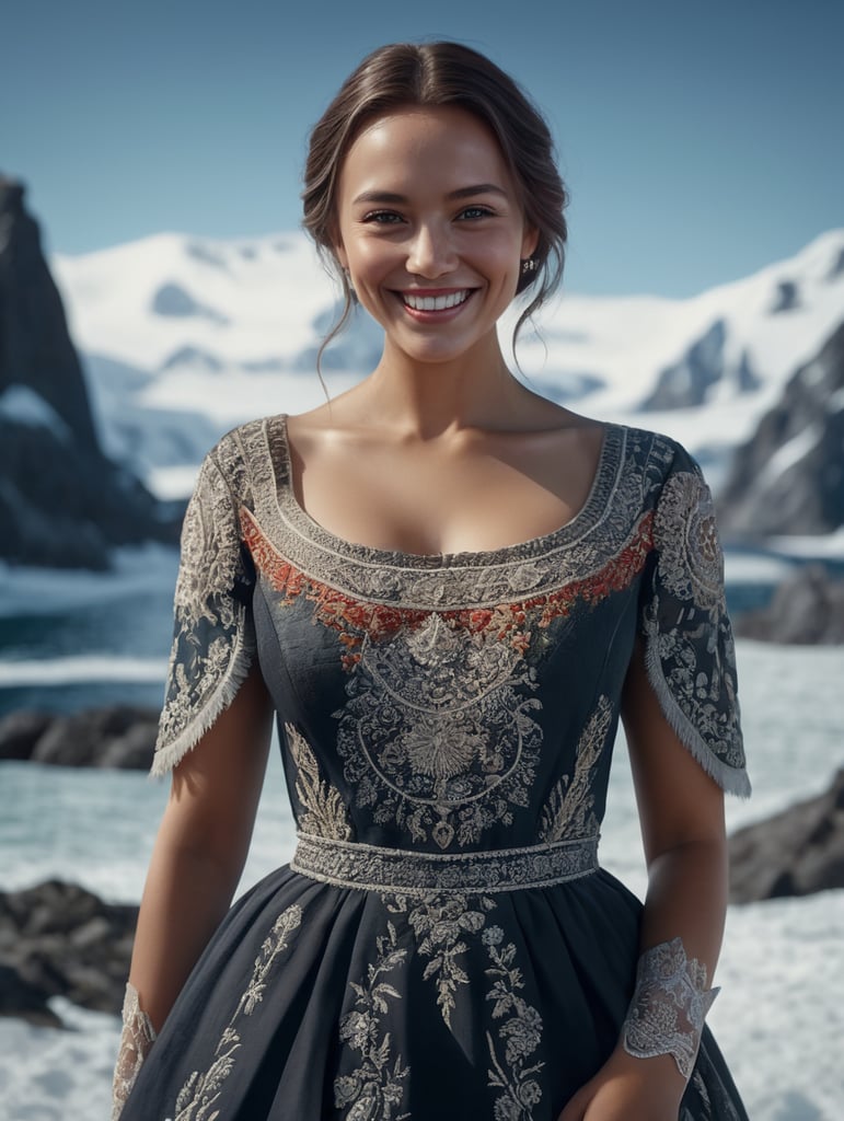 A cute woman smiling at the camera, wearing a stunning embroidered dress in antarctica, cinematic, film grain