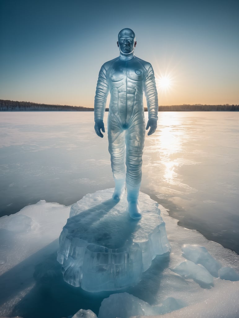 Portrait of a Translucent man made from the ice, organs are visible through the ice