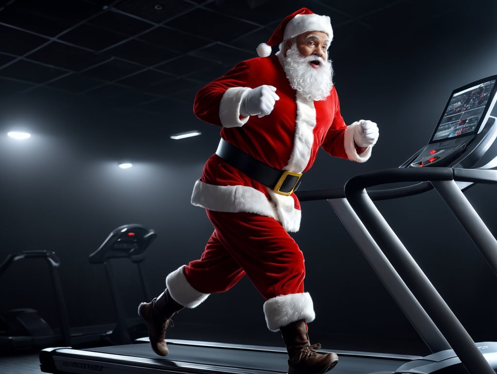 Santa Claus Running on treadmill, Frontal view, Ultra realistic 4k Saturated colors