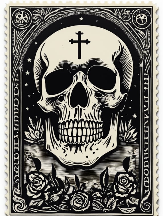 Premium Free ai Images | black and white linocut postage stamp death ...