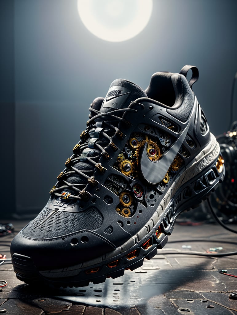 Nike sneakers made out gears, wires, mechanical, electronics, pcb, hyper-realis, futurist, stunning unreal engine render, product photography 8k, hyper-realistic. surrealism