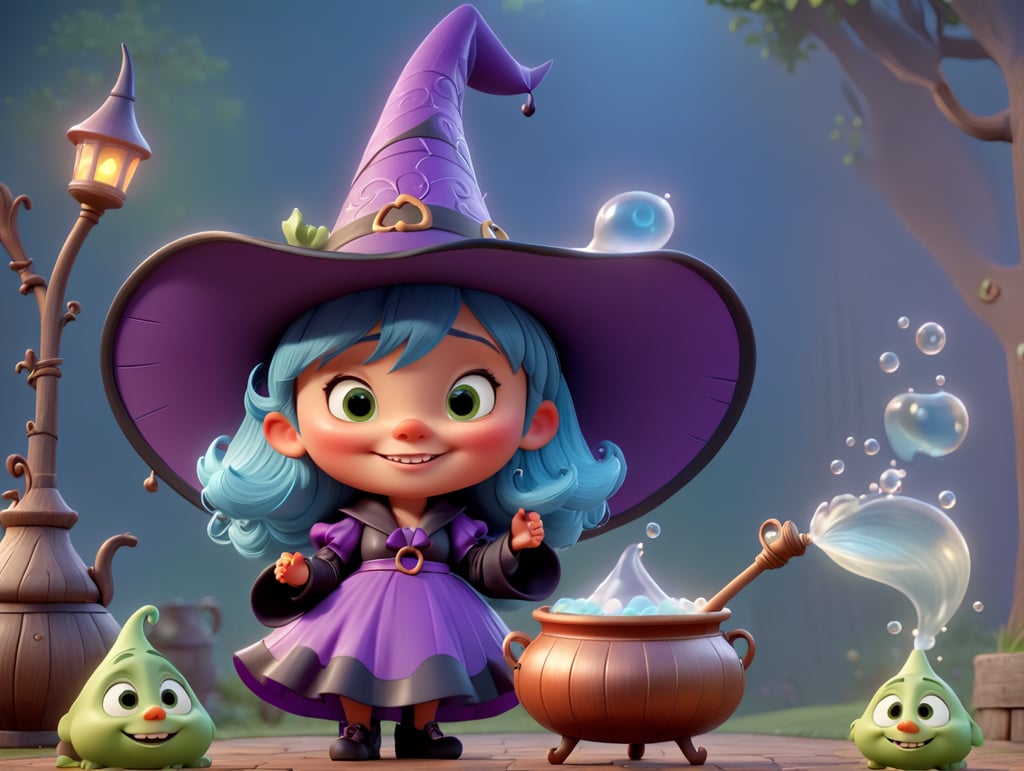 A charming and mischievous witch character in Disney Pixar style, wearing a pointy hat and holding a bubbling cauldron