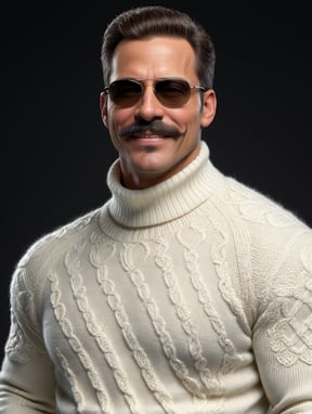 Premium Free ai Images  uomo di anni con baffi sorriso ammiccante capelli  scuri occhiali da sole vestito con un maglione collo alto bianco sopra al  maglione ha un montone con il