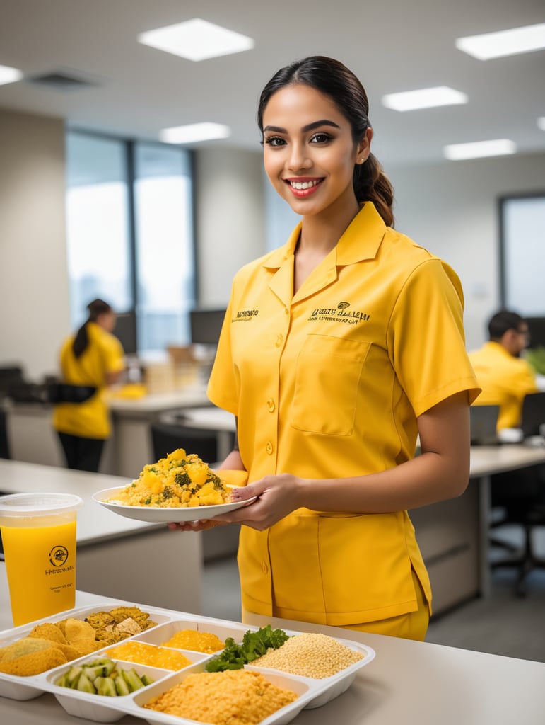 estudiante femenino latino de nutrición con uniforme amarillo y muestra de comida en la mano en un consultorio