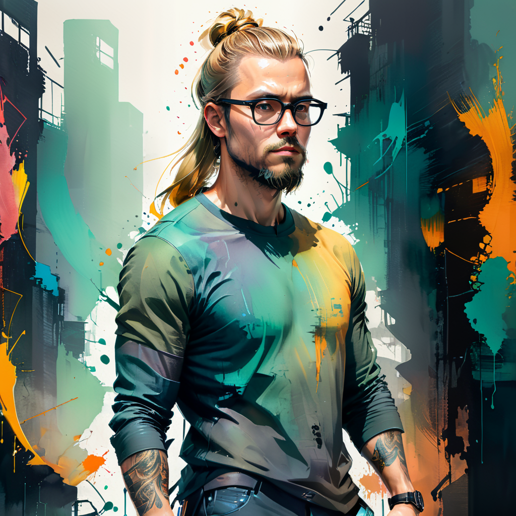 Full-body shot of Nordic designer man with black eye-glasses, with long blonde ponytail and a goatee, without mustache, working as web designer at university