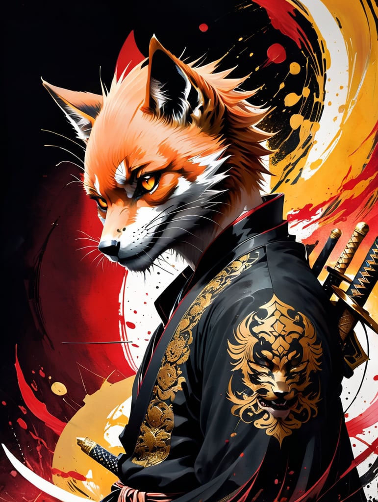 young fox, manga warrior, spiked hair, black kimono with golden dragons, twirling a samurai sword, dark background, manga style drawing, white black and red colors