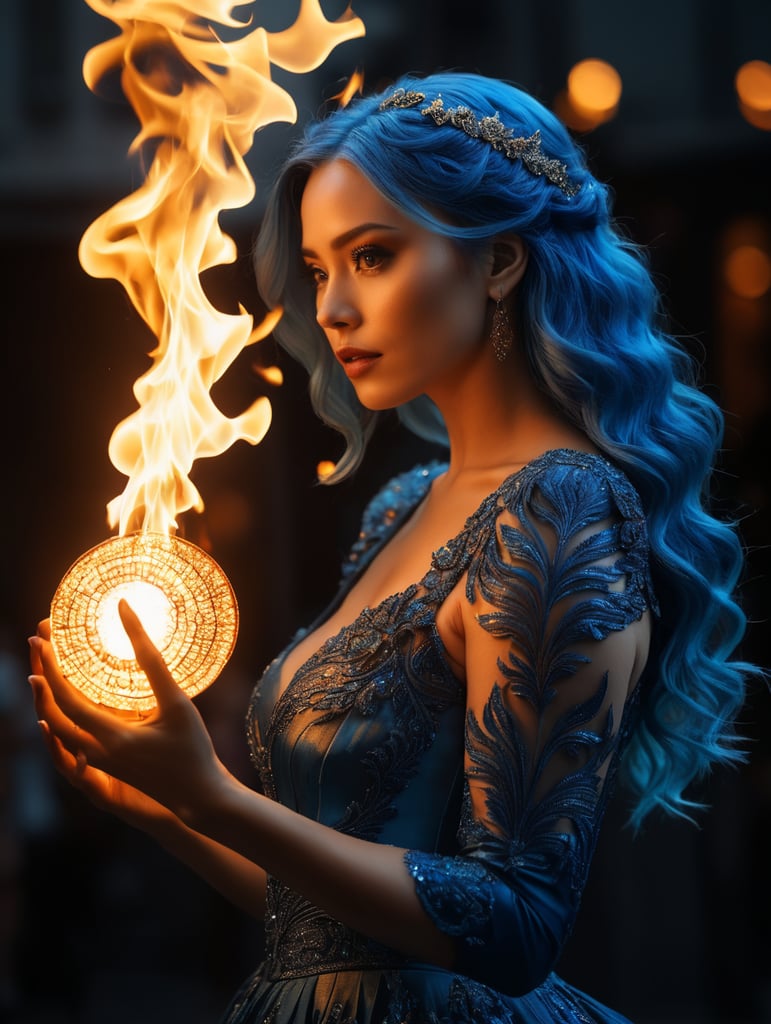 O sol na palma da mão de uma mulher com vestidos feitos de fogo e olhei azuis cabelos também de fogo