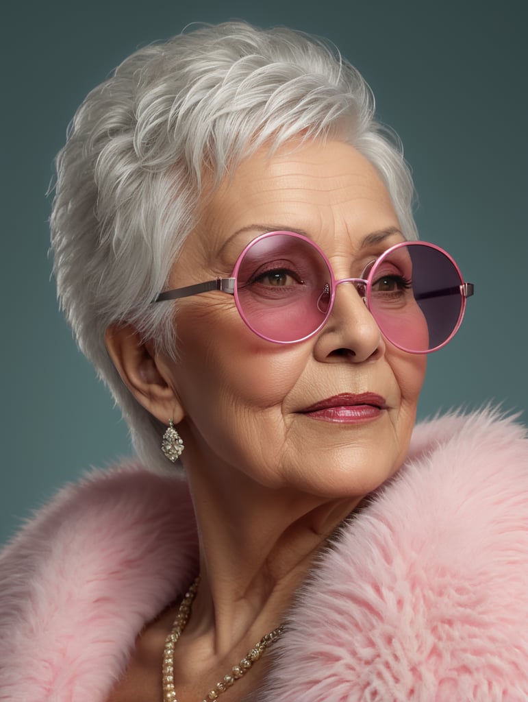 A portrait of a beautiful older woman grandma with white platinum short tall hair tanned skin big bust and big pink glasses, wearing a white fluffy fur coat with fur hoodie, glamorous Hollywood portrait, highly realistic, daz3d, women designers, high resolution, very fashionable, and stylish, colorful like a Wes Anderson movie portrait
