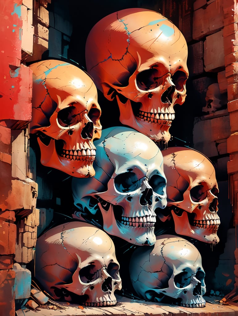 A close-up of a stack of skulls in the underground tombs of Italy in a red hue, highly detailed, depth of field