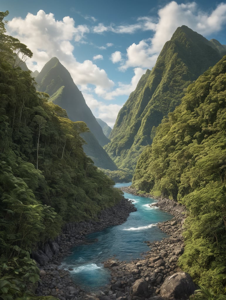 American Samoa, Island with minimal short Mountains, river running from ocean into a valley, ocean only on the bottom middle running up to the right, clear blue sky