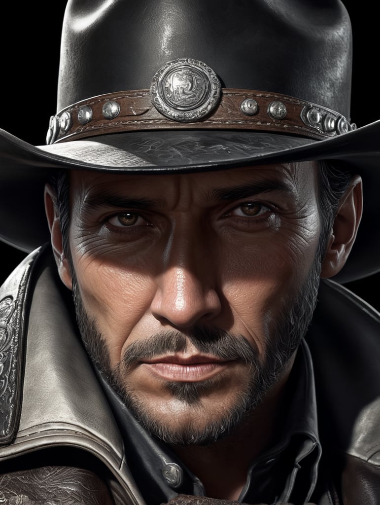 a [Cowboy] face in a black background, in the style of hyper realistic illustrations, light white and dark silver, contrasting lights and darks, noir comic art, monochrome painting, intense gaze --ar 3:2