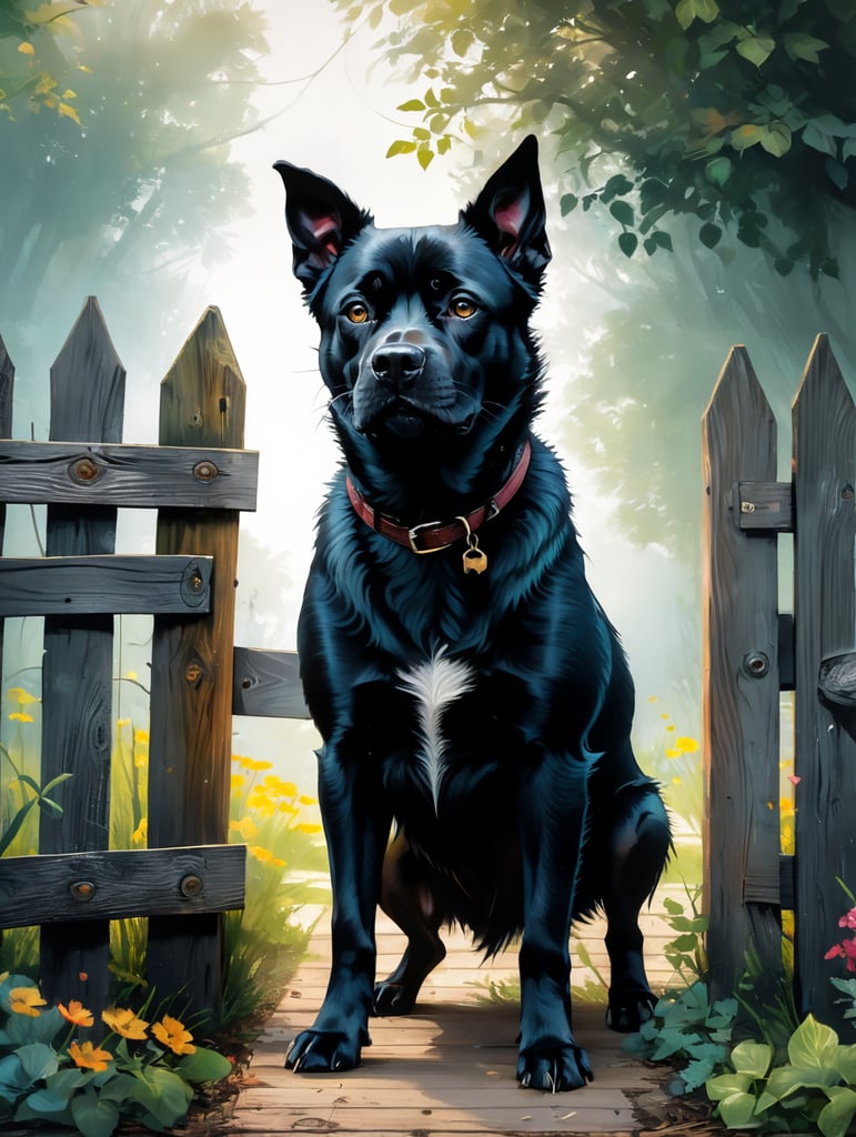 Front view of Black dog looking angry, standing in a garden with wooden fence behind