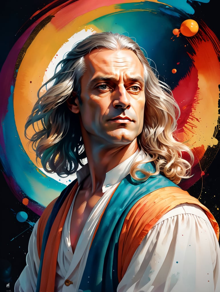 standing centered Portrait of Isaac Newton, bright and saturated colors, highly detailed, sharp focus, Bright expressive, Dramatic Lighting, Depth of field, Incredibly high detailed, on a white background