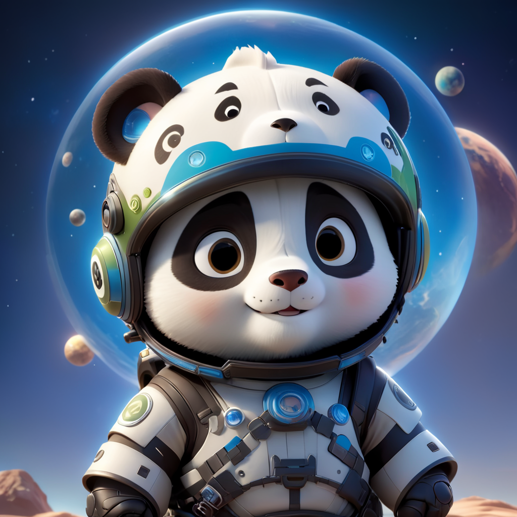 panda bear in a space helmet with earth behind