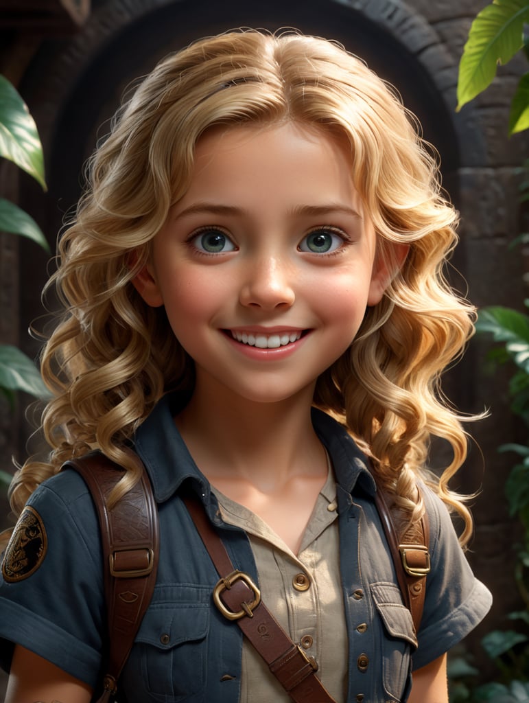 a young girls adventurer similar to Indiana Jones, creative, and kind-hearted person with long, curly blonde hair, big eyes, small nose, and a smiling mouth, standing centered in 3D style, rendered using beautiful Disney animation, Pixar style, Disney style, 3D style