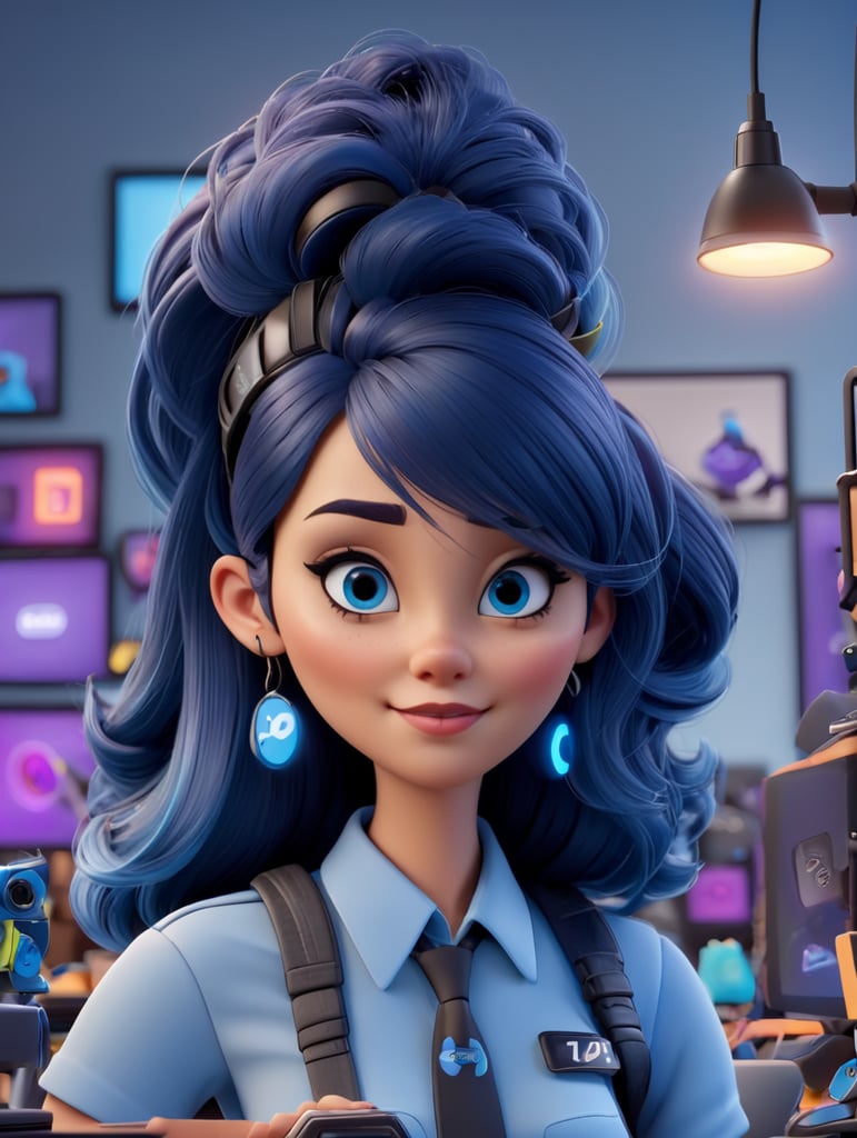 YOUNG WOMAN ENTREPRENEUR TECHNOLOGY E-COMMERCE OFFICE HIPSTER NEON PIXAR EXTREME DETAILED REALISTIC, BLUE SKIN