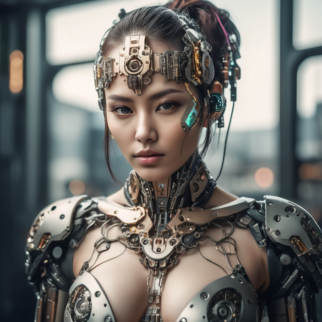 crea a una mujer mitad androide y mitad humana con partes de su cuerpo con piezas roboticas al estilo cyberpunk